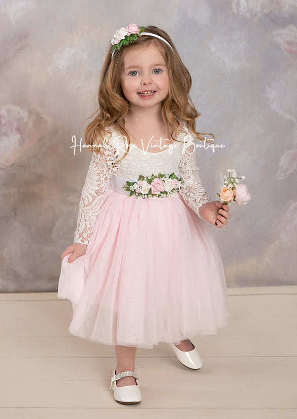 Knee Length Long Sleeve Pink Special Occasion Flower Girl Dress