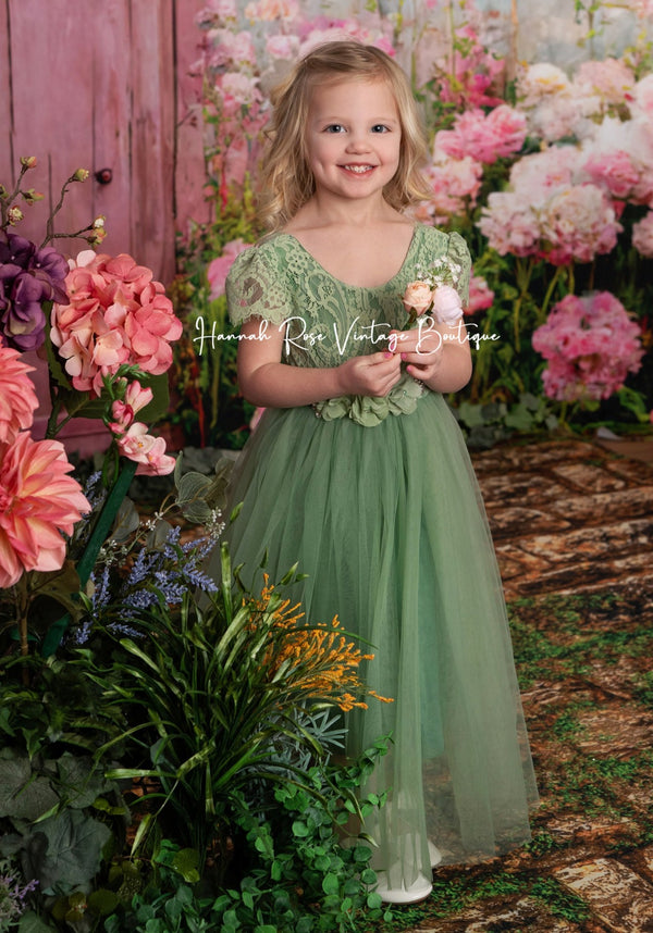 Short Sleeve Sage Tulle & Lace Flower Girl Dress for Wedding