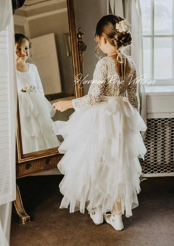 White Layered Tulle & Lace Flower Girl Dresses for Wedding