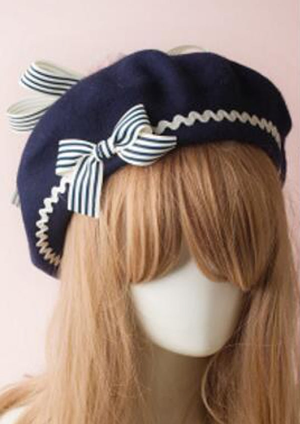 GIRLS - Paris Style French Beret Navy with Stripe Bows - Hannah Rose Vintage Boutique