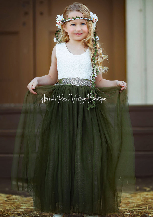 Lovely Sleeveless Olive Green Flower Girl Dresses for Fall Weddings & Birthday Parties