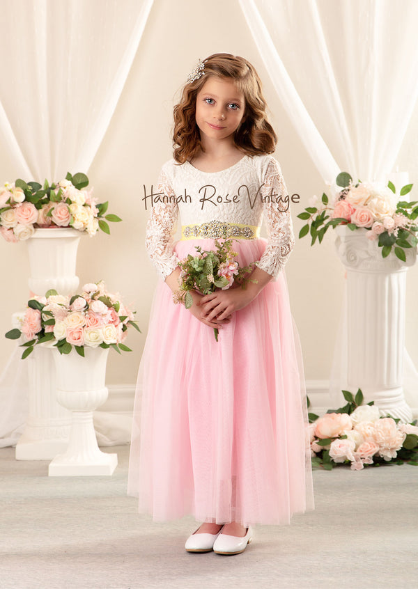 pink flower girl dress with long sleeves 