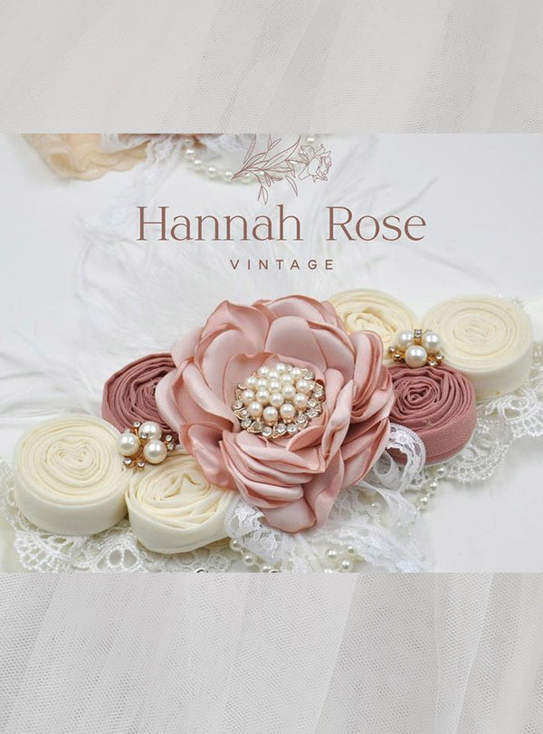 GIRLS - Satin Flower Bridal Sash Belt Champagne - Hannah Rose Vintage Boutique