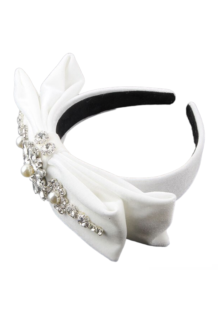 GIRLS - Princess Bow Bejeweled Headband in White - Hannah Rose Vintage Boutique