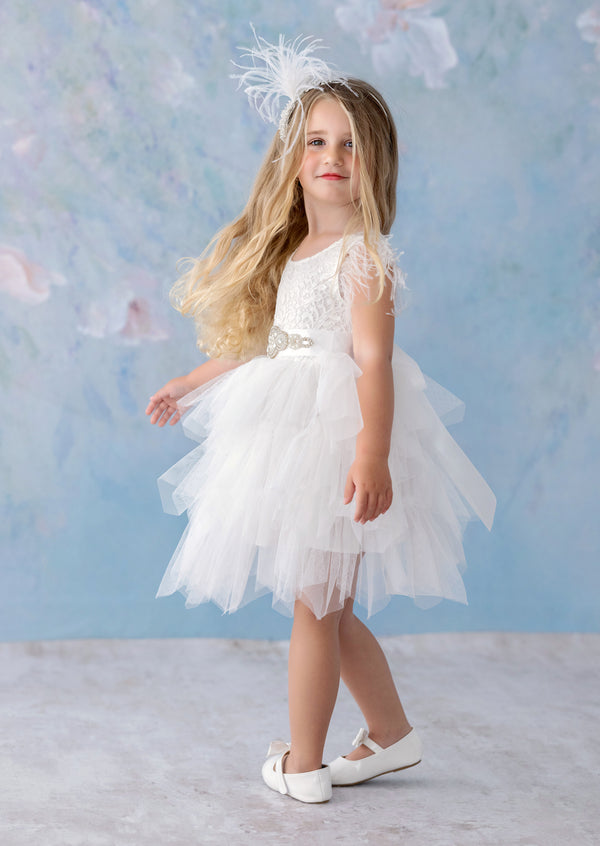 White Tutu Flower Girl Dress with jewel sash