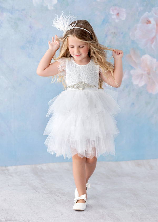 Knee Length White Flower Girl Dress with Sash