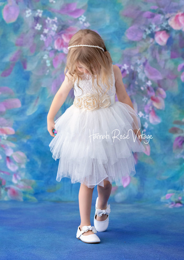 White Layered Fairy Flower Girl Dress Knee Length for Princess Wedding