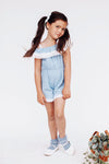 GIRLS - Blue Cotton Lace Trimmed Romper - Hannah Rose Vintage Boutique