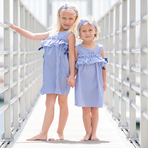 GIRLS - Navy or Red Striped Cotton Dresses with Drop Sleeves - Hannah Rose Vintage Boutique