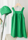 GIRLS - GREEN LINEN PINAFORE DRESS AND HAT - Hannah Rose Vintage Boutique