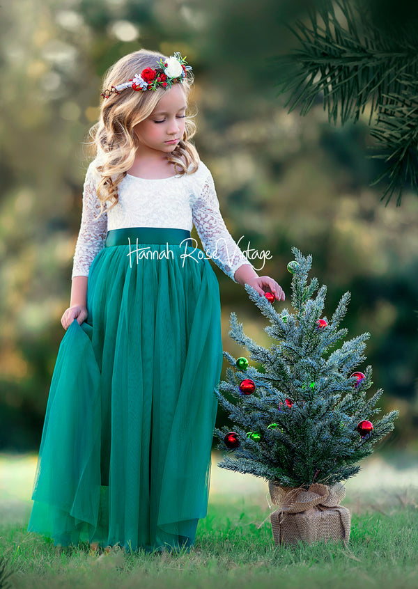 Long Sleeve Mistletoe Green Flower Girl Dress 