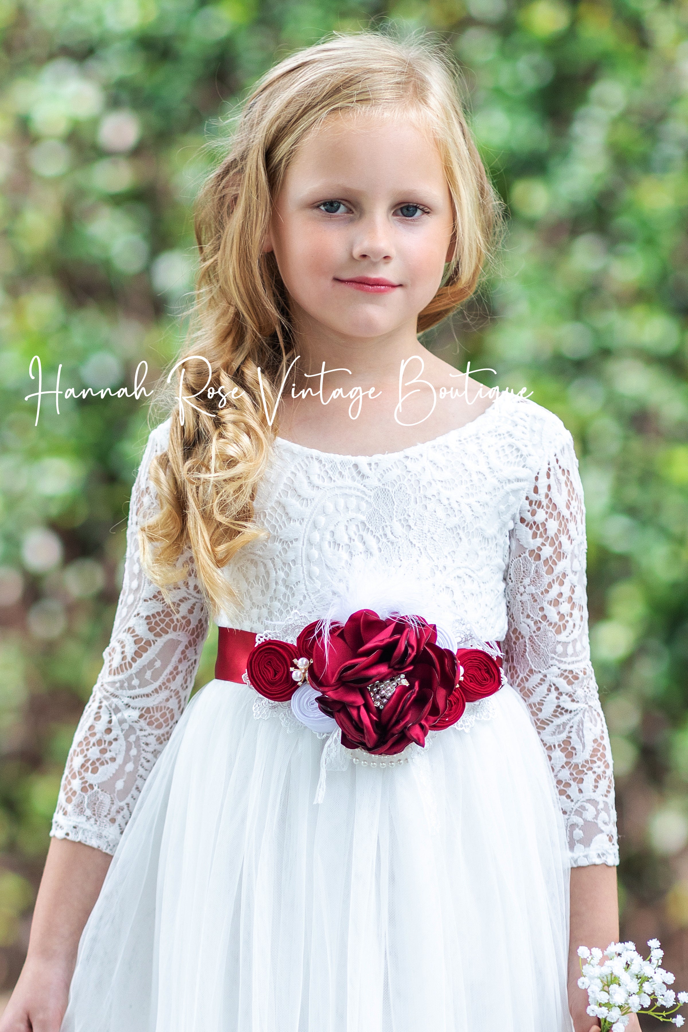 GIRLS - Satin Flower Bridal Sash Belt Burgundy - Hannah Rose Vintage Boutique