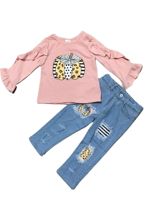 GIRLS - Pink Pumpkin Jeans and Top Set - Hannah Rose Vintage Boutique