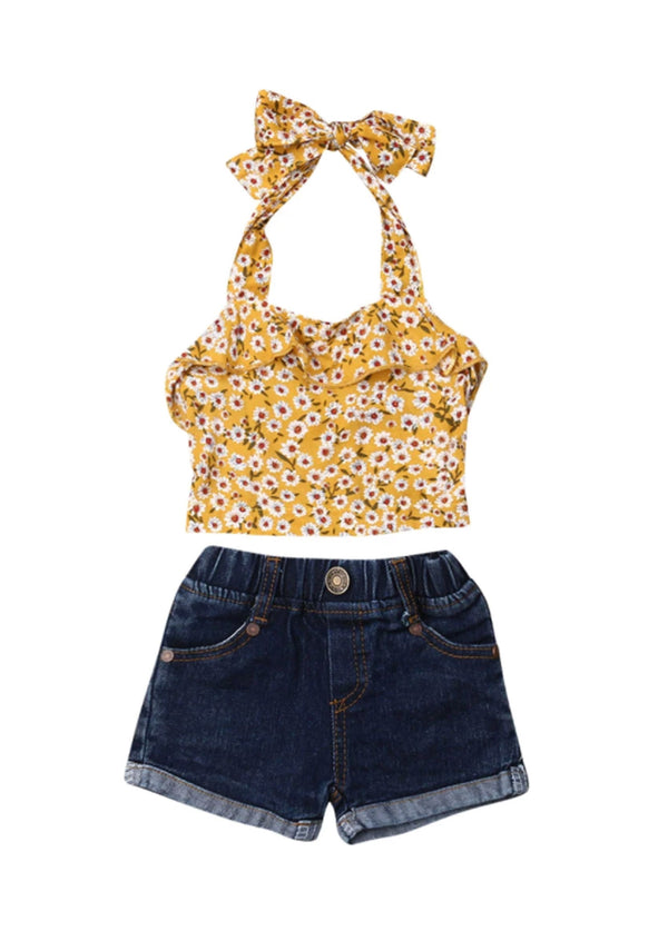 GIRLS - DAISY PRINT TOP & GIRLS DENIM SHORTS SET - Hannah Rose Vintage Boutique